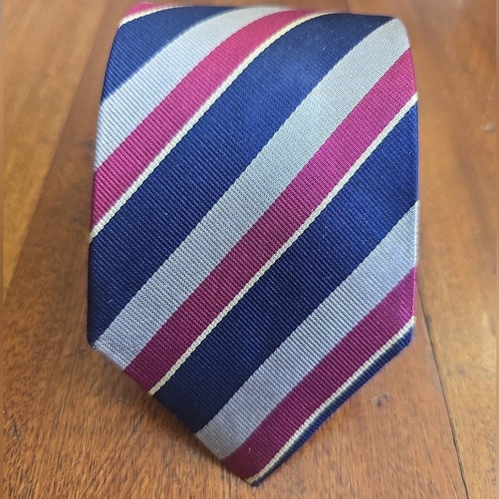 Lands End Sixth Royal Lancers 100% Silk Stripe Navy Repp Tie L61.5" W3.25" Clean